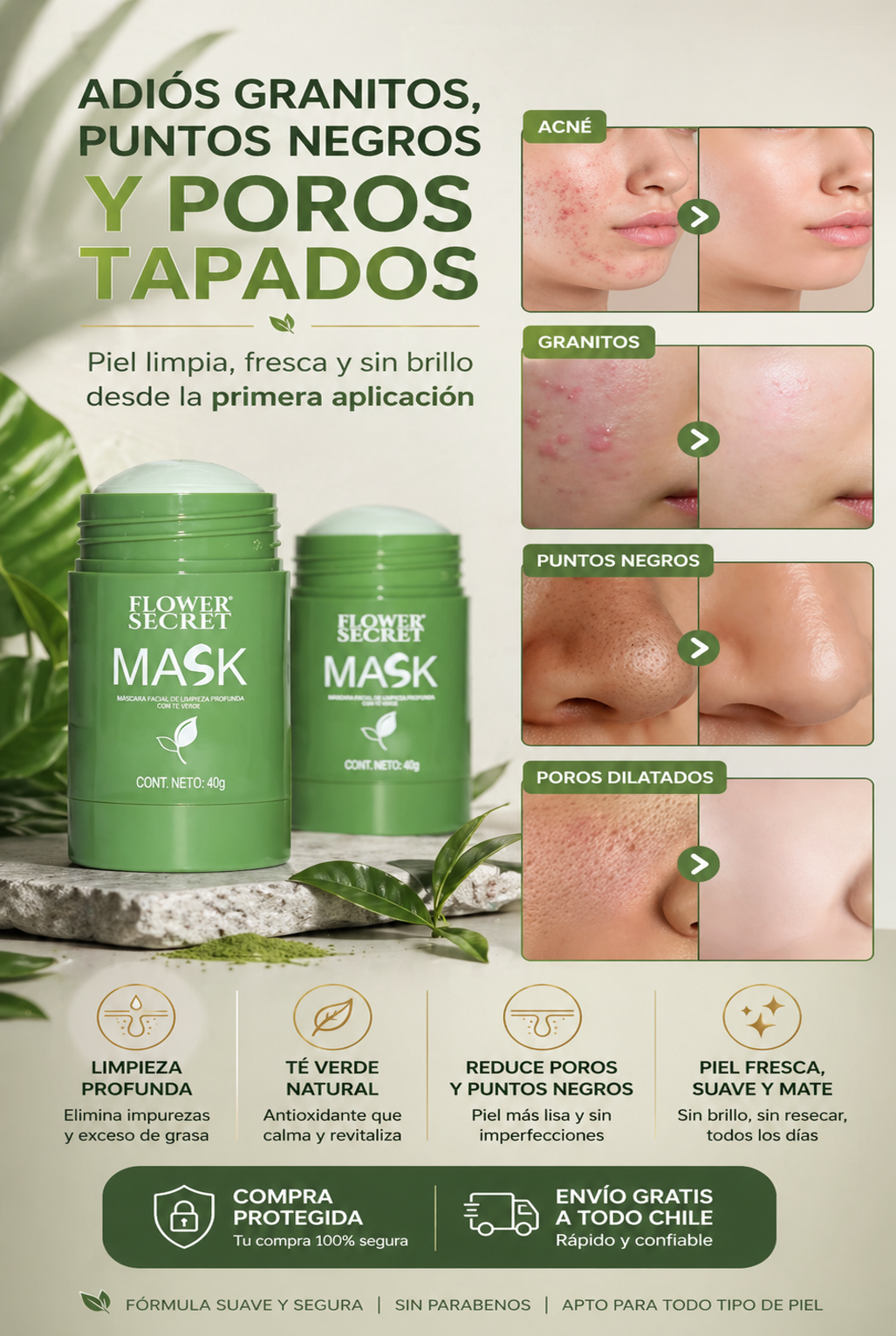 Mascarilla Té Verde en Barra 2x1 🍃✨- Limpia altiro poros tapados y piel grasosa 🍃