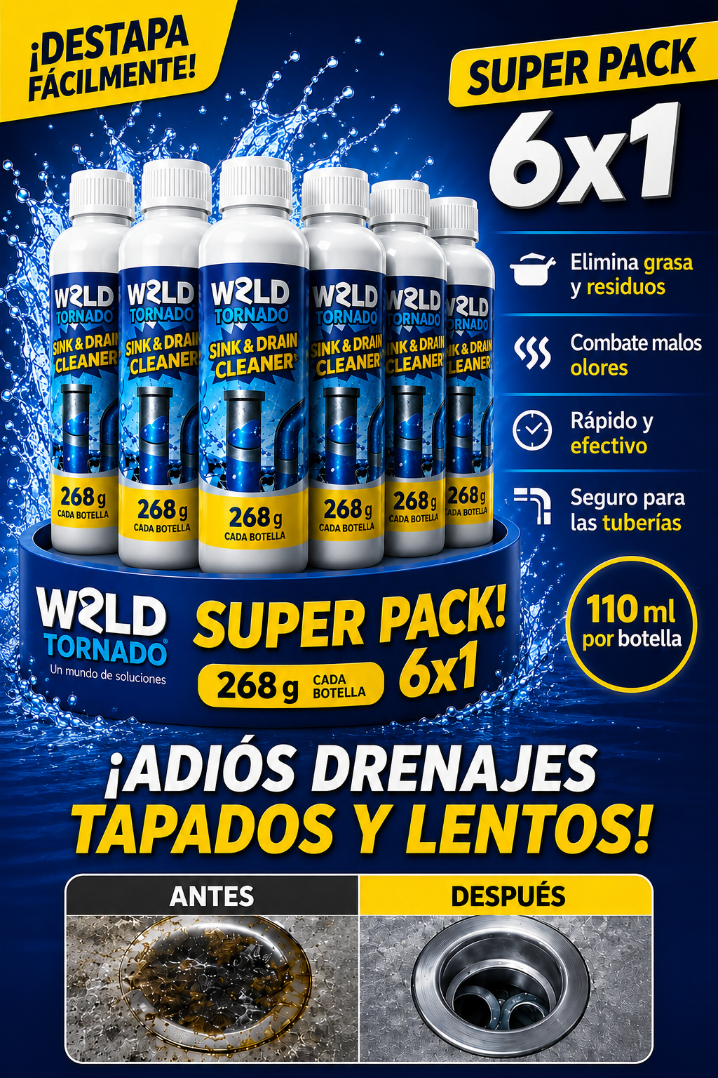 🥈 😱 ¿El agua no baja? DESTAPA CAÑERÍAS - Pack 6x1 + Envío Gratis✅