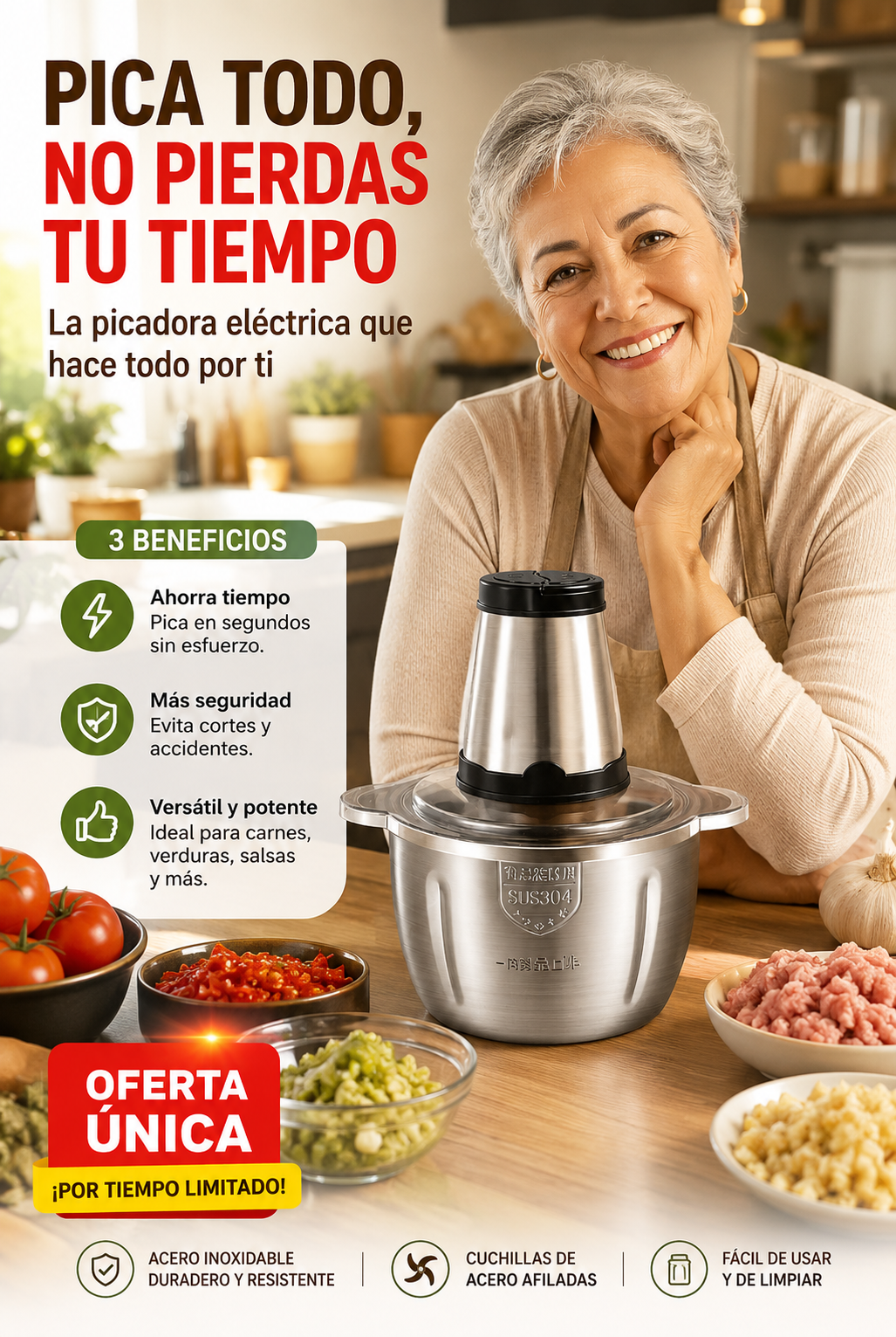 Deja de hacer sufrir tus manos 💥- Picadora eléctrica 2L de acero inoxidable 🔥